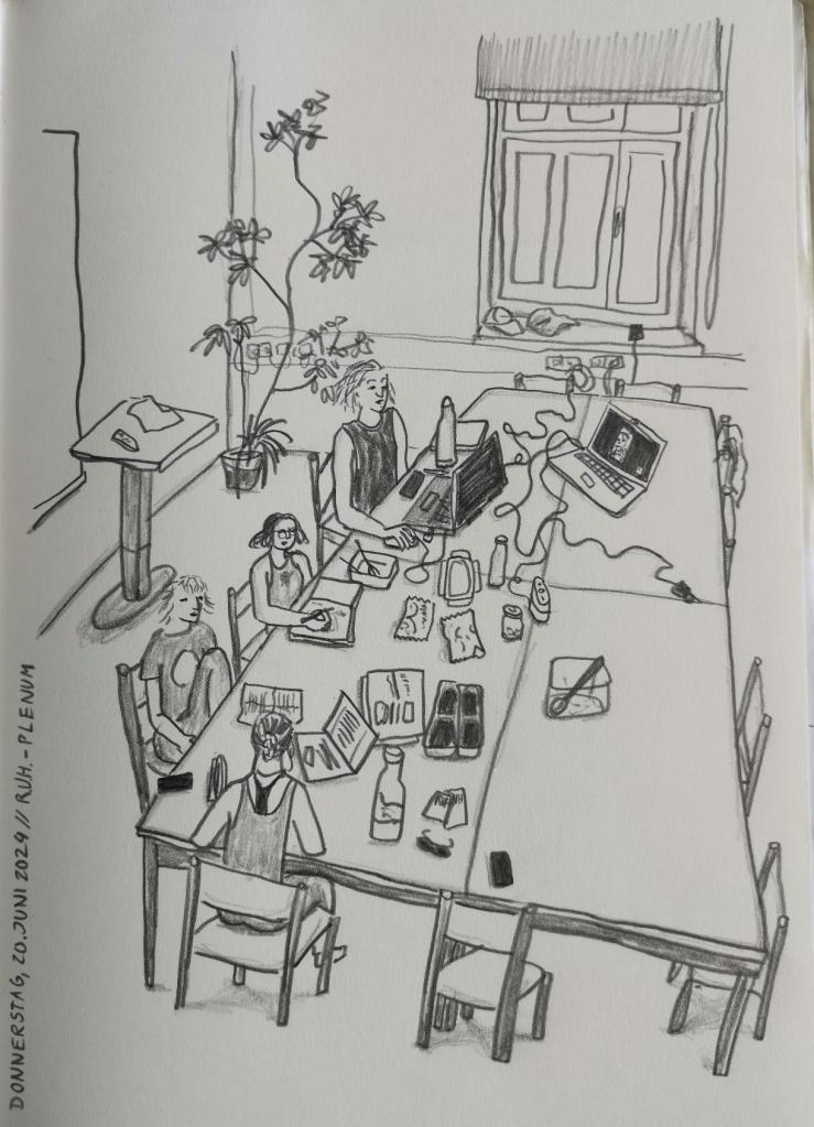 Zeichnung von Djubiray: Die Ruhlies arbeiten gemeinsam in der Thinkfarm in Eberswalde. 